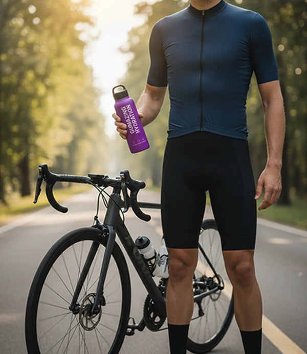Person in cycling gear holding a purple water bottle on a road with trees in the background