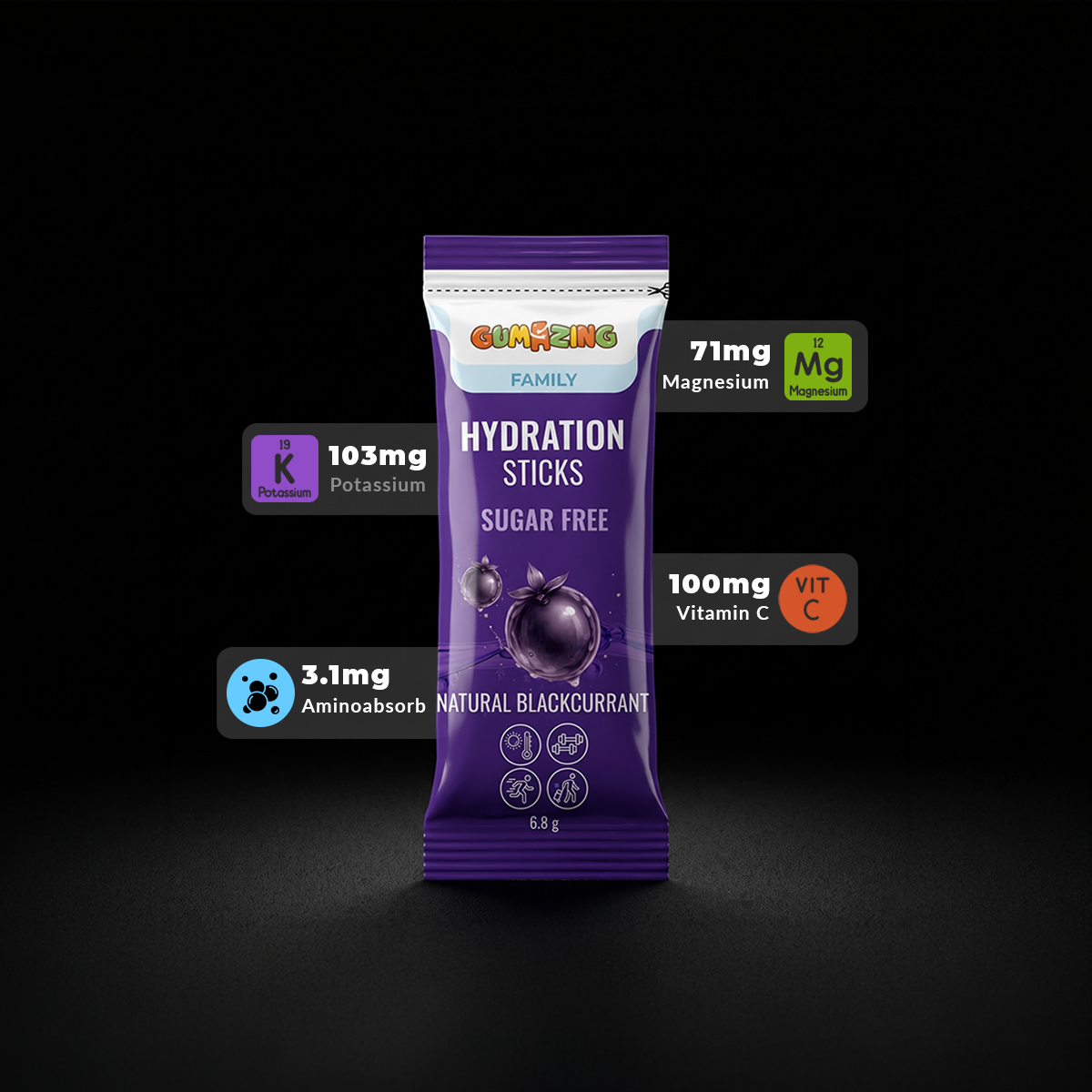 Gumazing Hydration Berry Revive sugar-free electrolyte sticks with magnesium, potassium and vitamin C