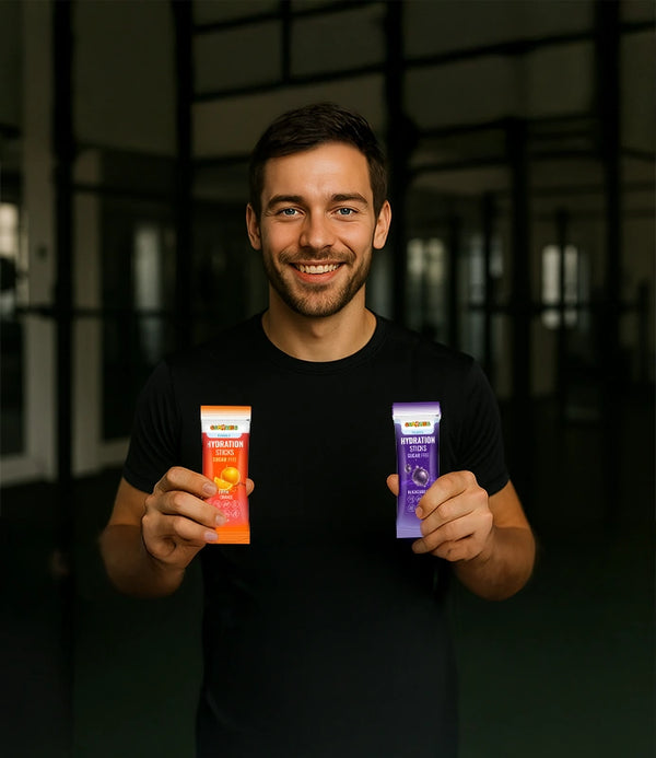 Man holding two protein powder packets against a dark background