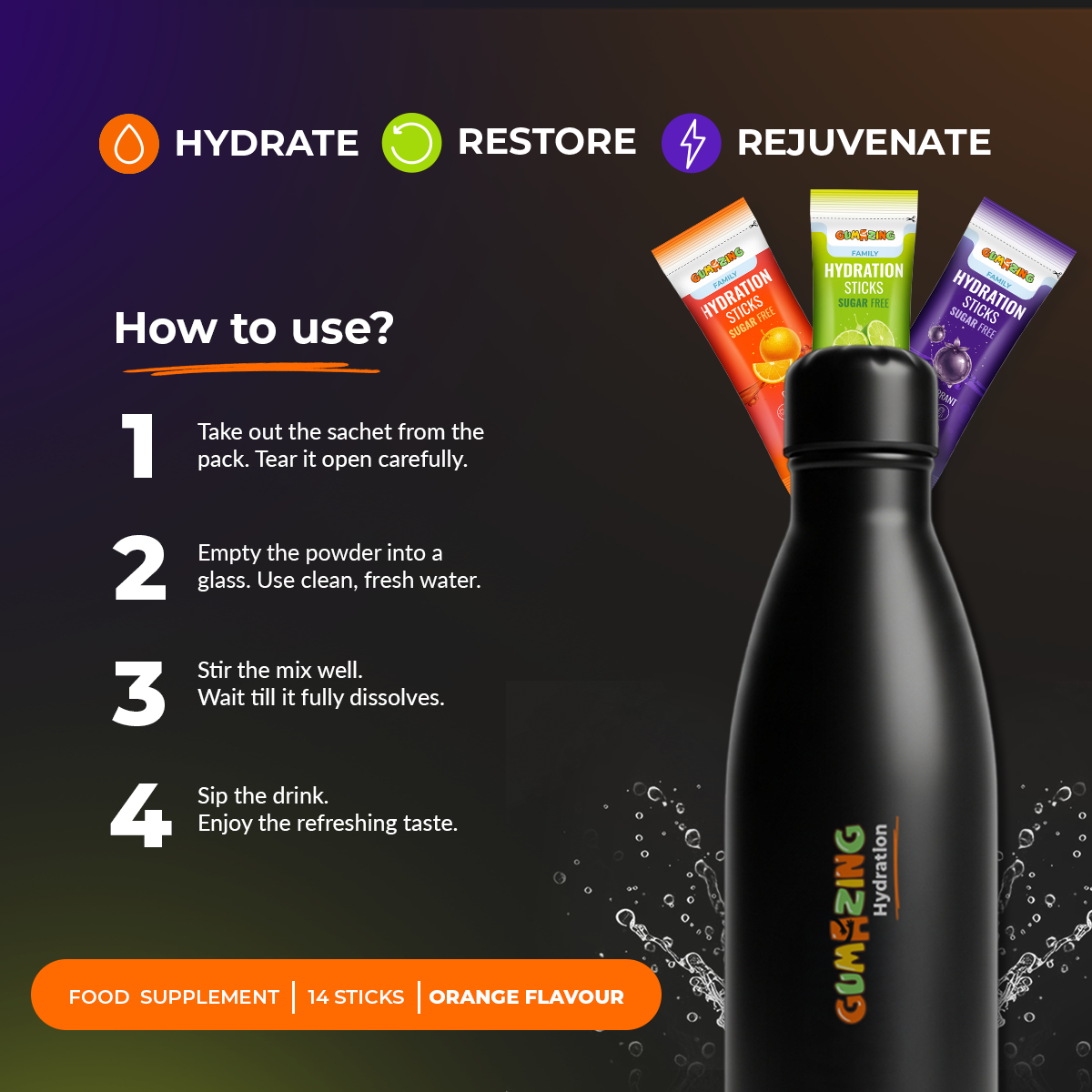 Sip Strong Combo | Zesty Lime + Citrus Zest + Berry Revive | 42 Sticks (6-Week Supply) | Gumazing Hydration Sachets.
